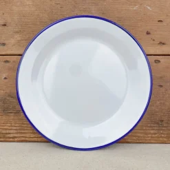 Assiette en émail blanc liseré bleu