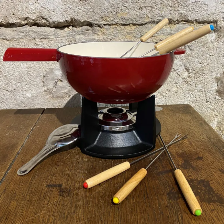 Service à fondue fonte / émail rouge