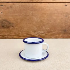 Tasse et sous-tasse café émail blanc liseré bleu